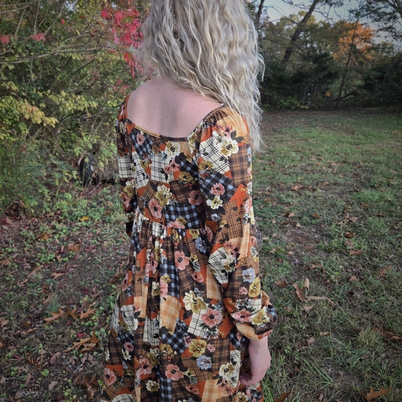 Rust Plaid and Floral Patchwork Square Neck Dress - Picture 2 of 3